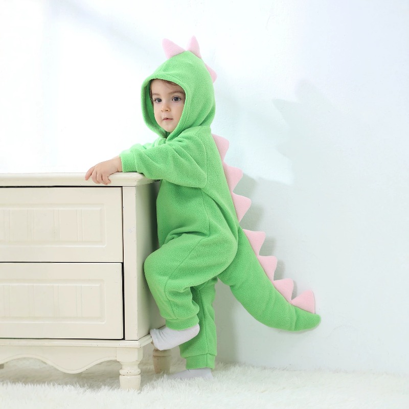 Cotton Baby Onesies Zipper - 신생아용 녹색 공룡 후드 롬퍼 바디수트