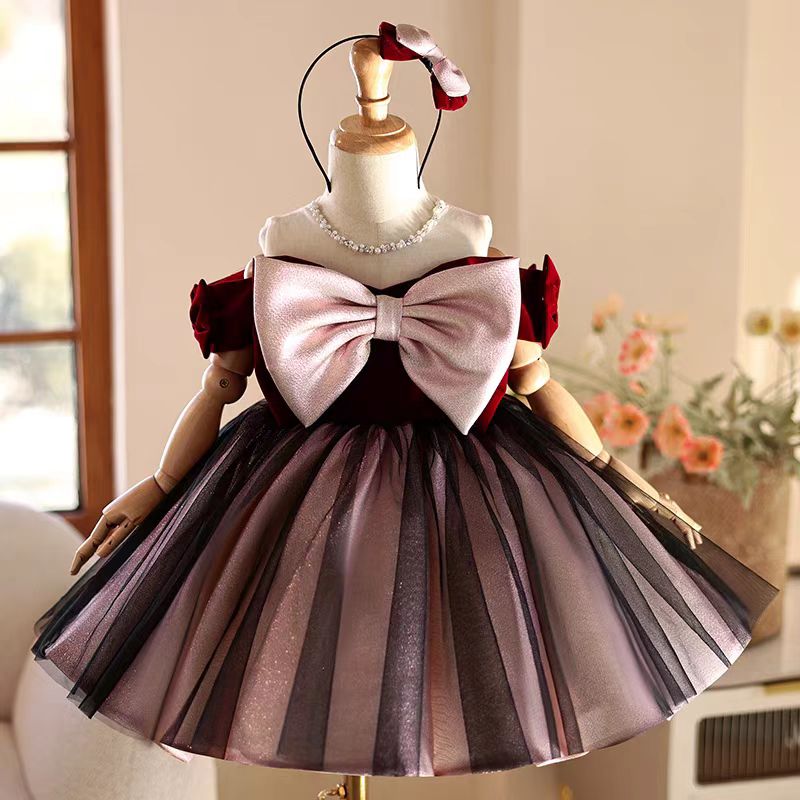 Toddler Girl Tulle Party Dress - 질 위시 J464 우아한 버건디 소녀